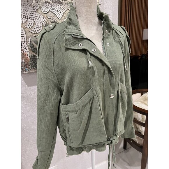 Blanknyc Womens Olive Green Utility Jacket W/ Pockets Drawstring Hem & Frayed De - Picture 3 of 5